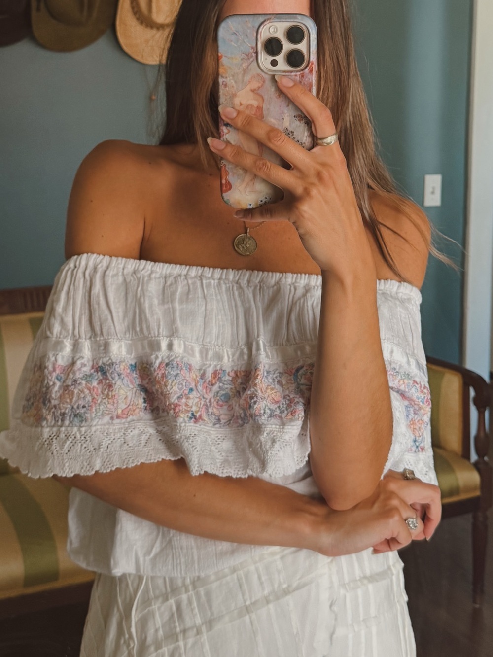 Vintage White Off-Shoulder Peasant Top with Pastel Embroidery Sz small